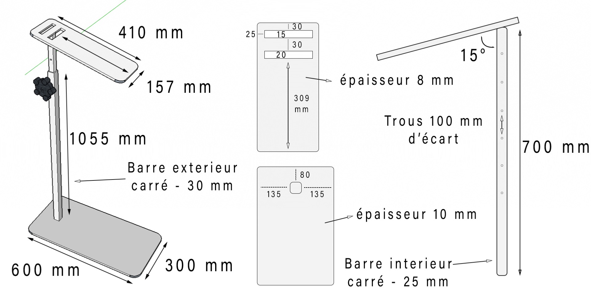 graphisme de dimensions d'un présentoirs en acier pour trottinettes électrique