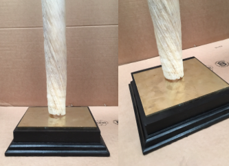 Deux photos de dtail de raccord d'une dent de narval  son socle en bois noirci et plaque laiton finition luxe